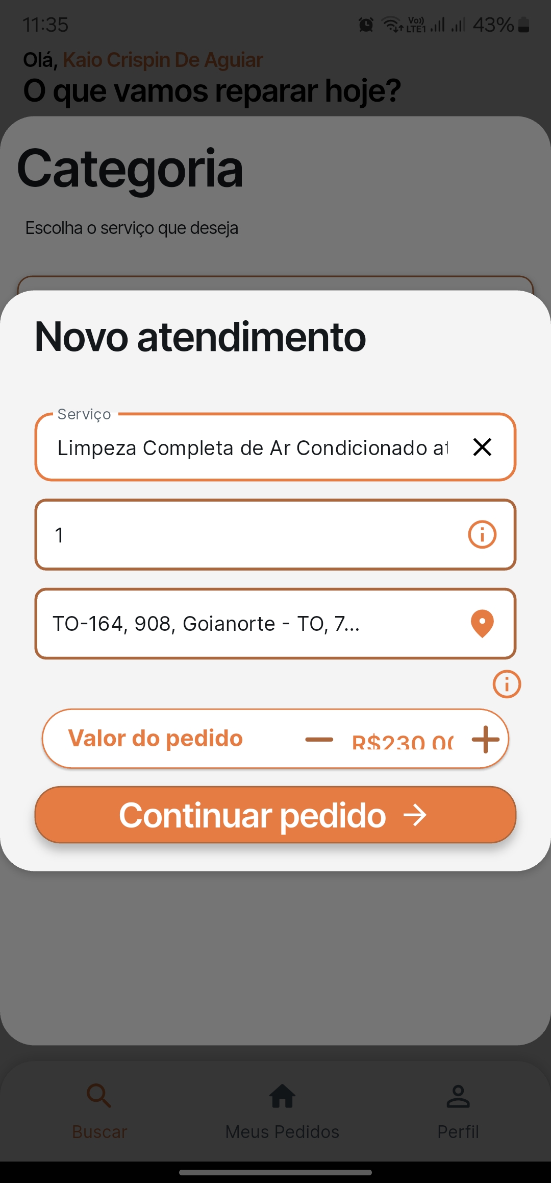 Formulário de novo pedido